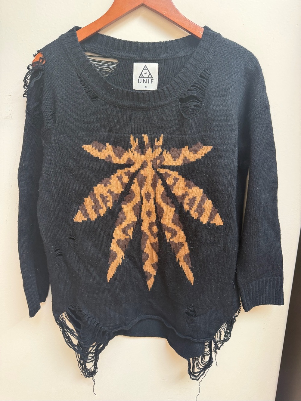 UNIF Black Sweater with Brown Leaf Graphic